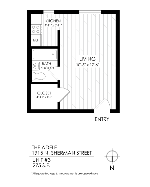 Floor plan for studio, 1 bath, 295 sqft